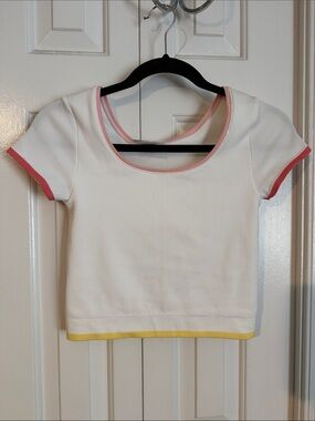 Athleta Girl White Ribbed Crop Tee with Pink & Yellow Trim